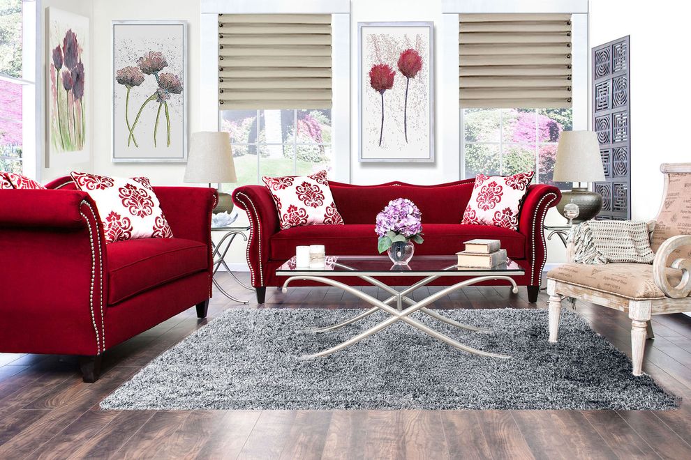 Modern Victorian style couch in red fabric by Furniture of America