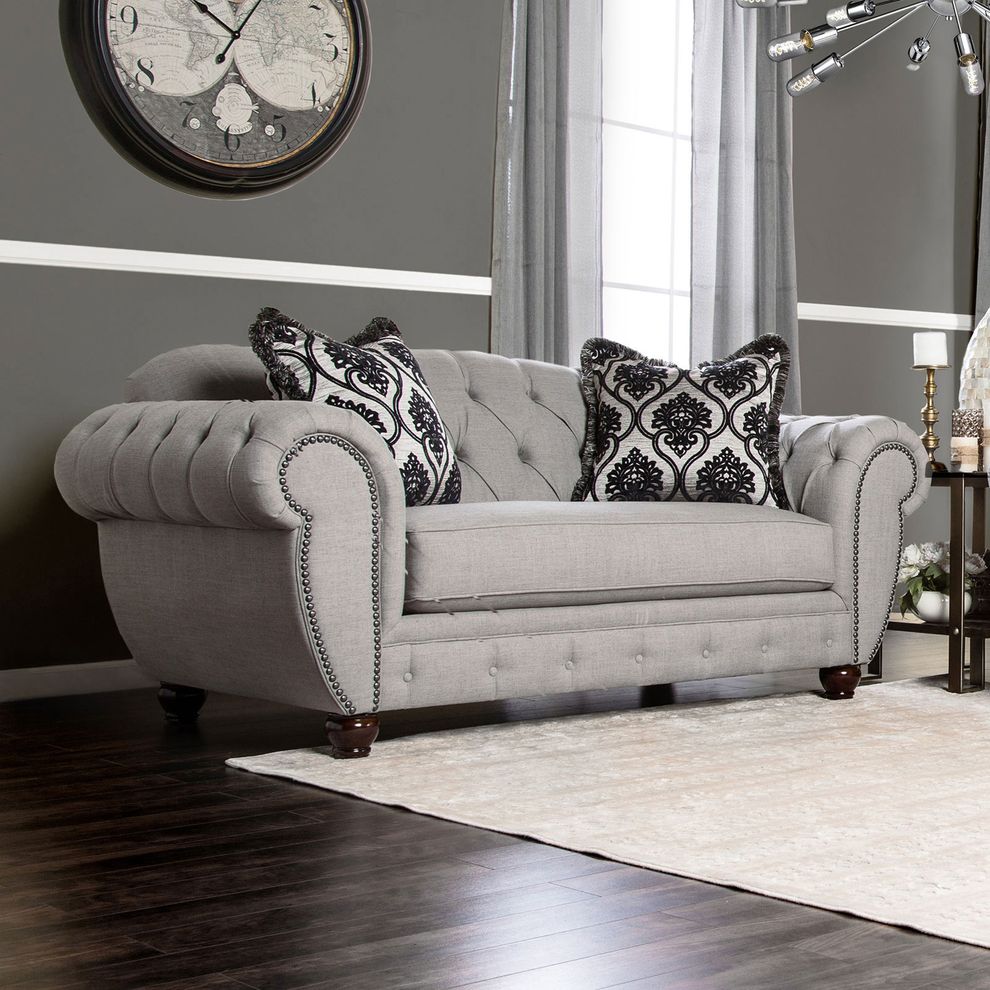 US-made modern victorian style gray tufted loveseat by Furniture of America