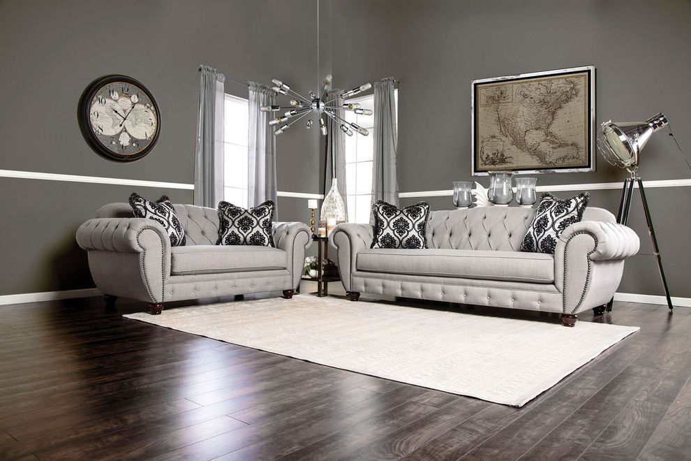 US-made modern victorian style gray tufted sofa by Furniture of America