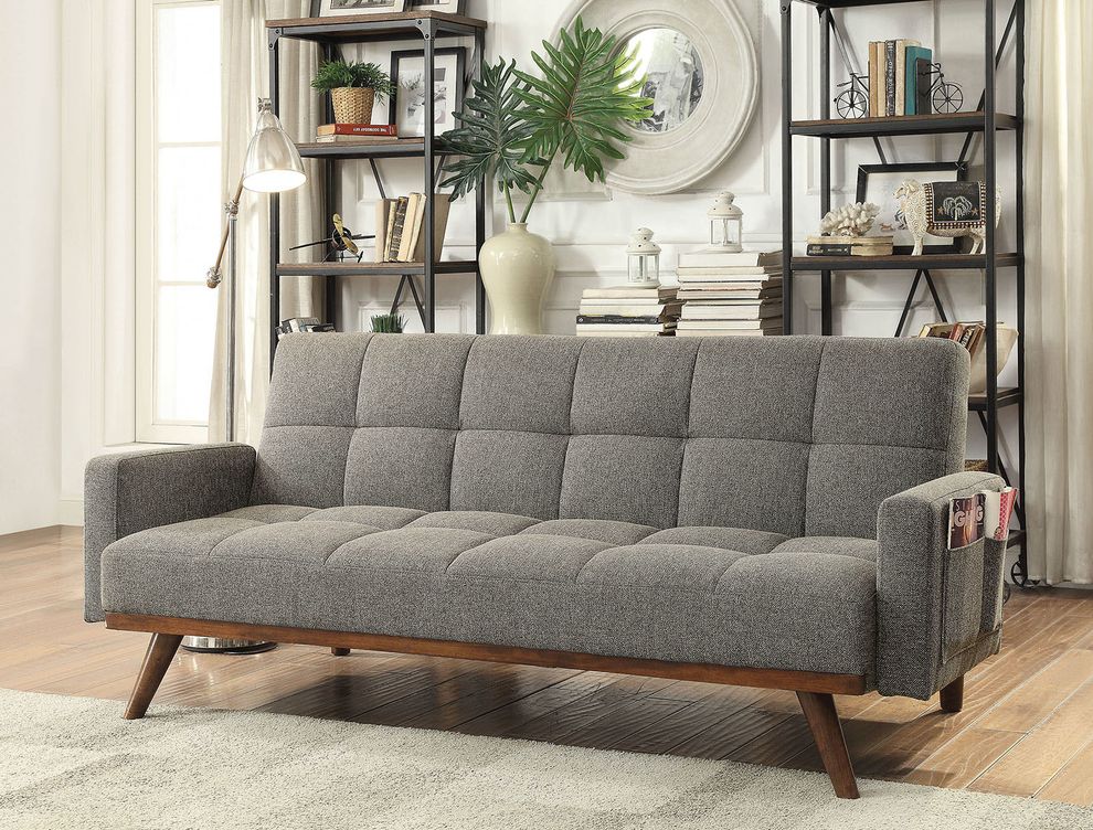 Gray linen fabric sofa bed in mid-century modern style by Furniture of America
