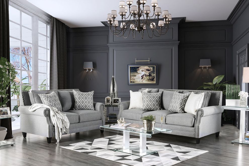Linen-like gray fabric US-made nailhead trim sofa by Furniture of America