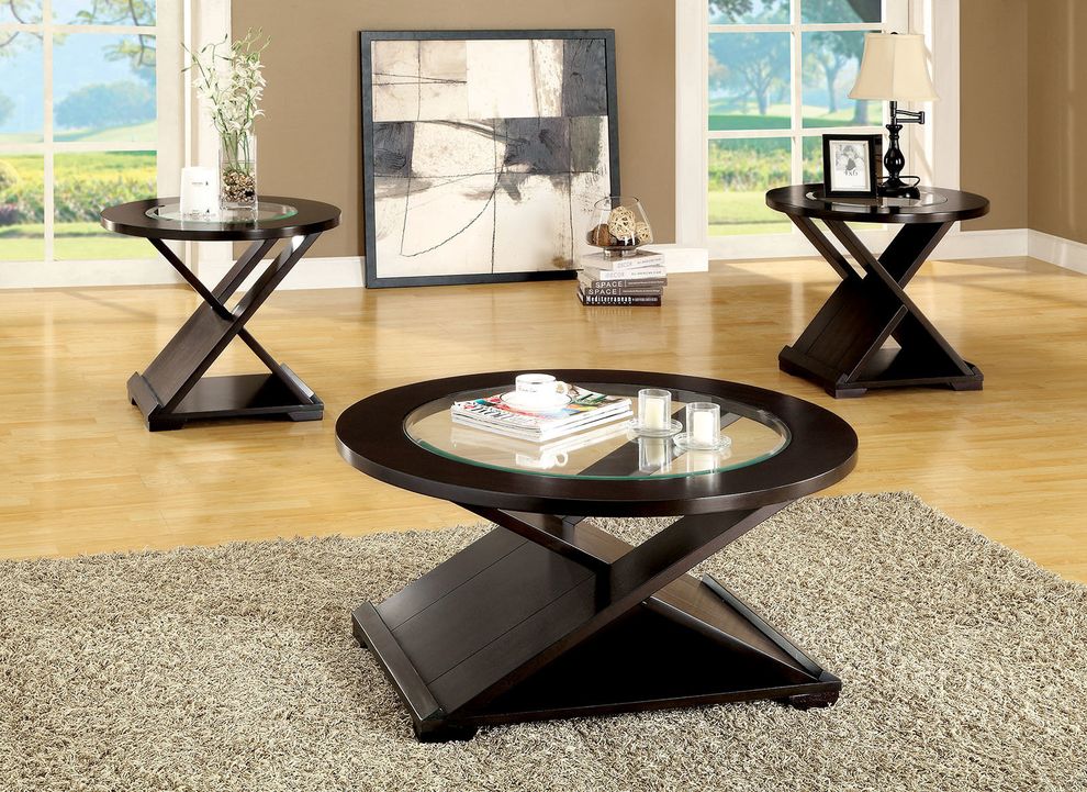 Round glass top 3pcs coffee table set by Furniture of America