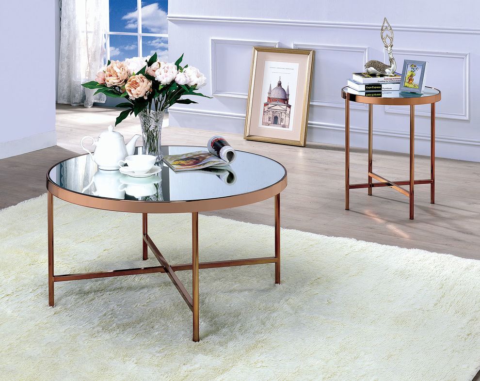 Round contemporary mirrored coffee table by Furniture of America