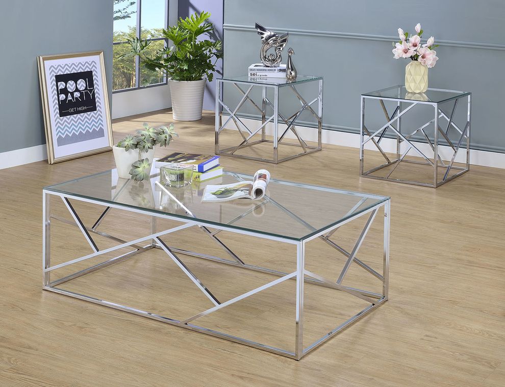 3pcs chrome metal / glass top coffee table set by Furniture of America