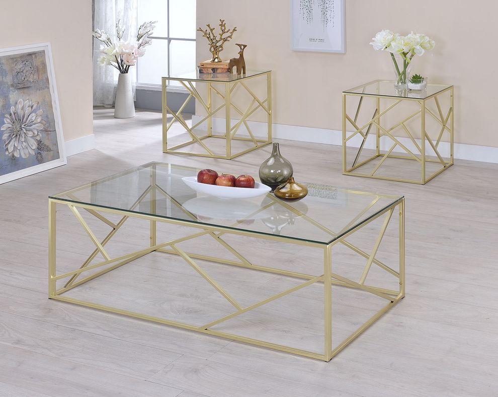 3pcs champagne metal / glass top coffee table set by Furniture of America