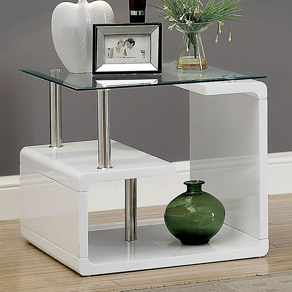 White high gloss / glass contemporary end table by Furniture of America