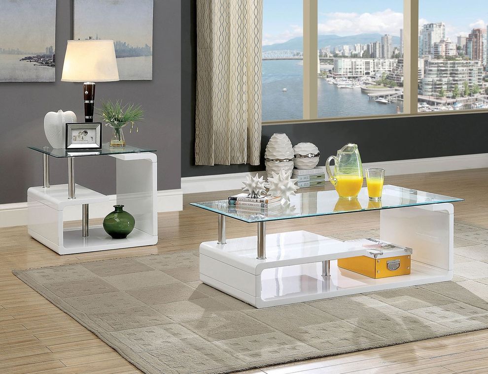 White high gloss / glass contemporary coffee table by Furniture of America