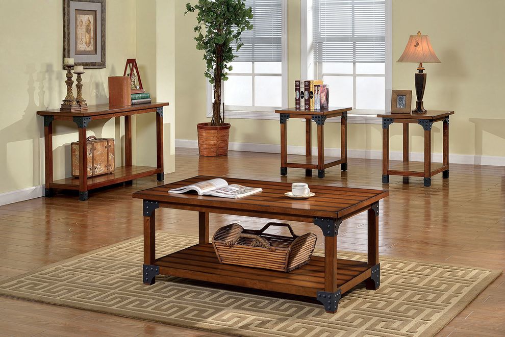 Country style oak finish 3pcs coffee table set by Furniture of America