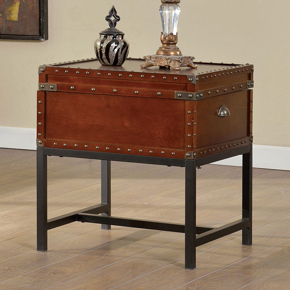 Cherry industrial trunk design end table by Furniture of America