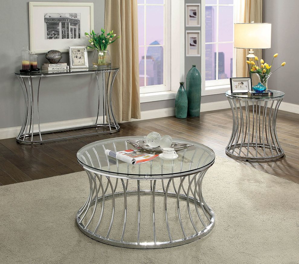 Round glass top / metal base modern coffee table by Furniture of America