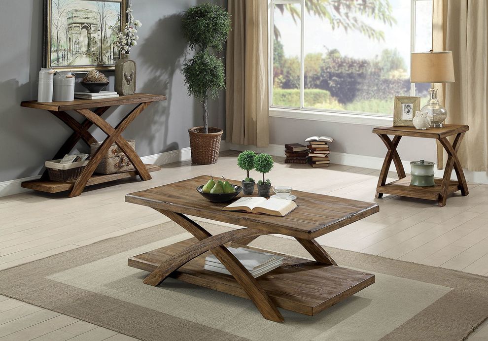 Antique oak x-shape base 3pcs coffee table set by Furniture of America