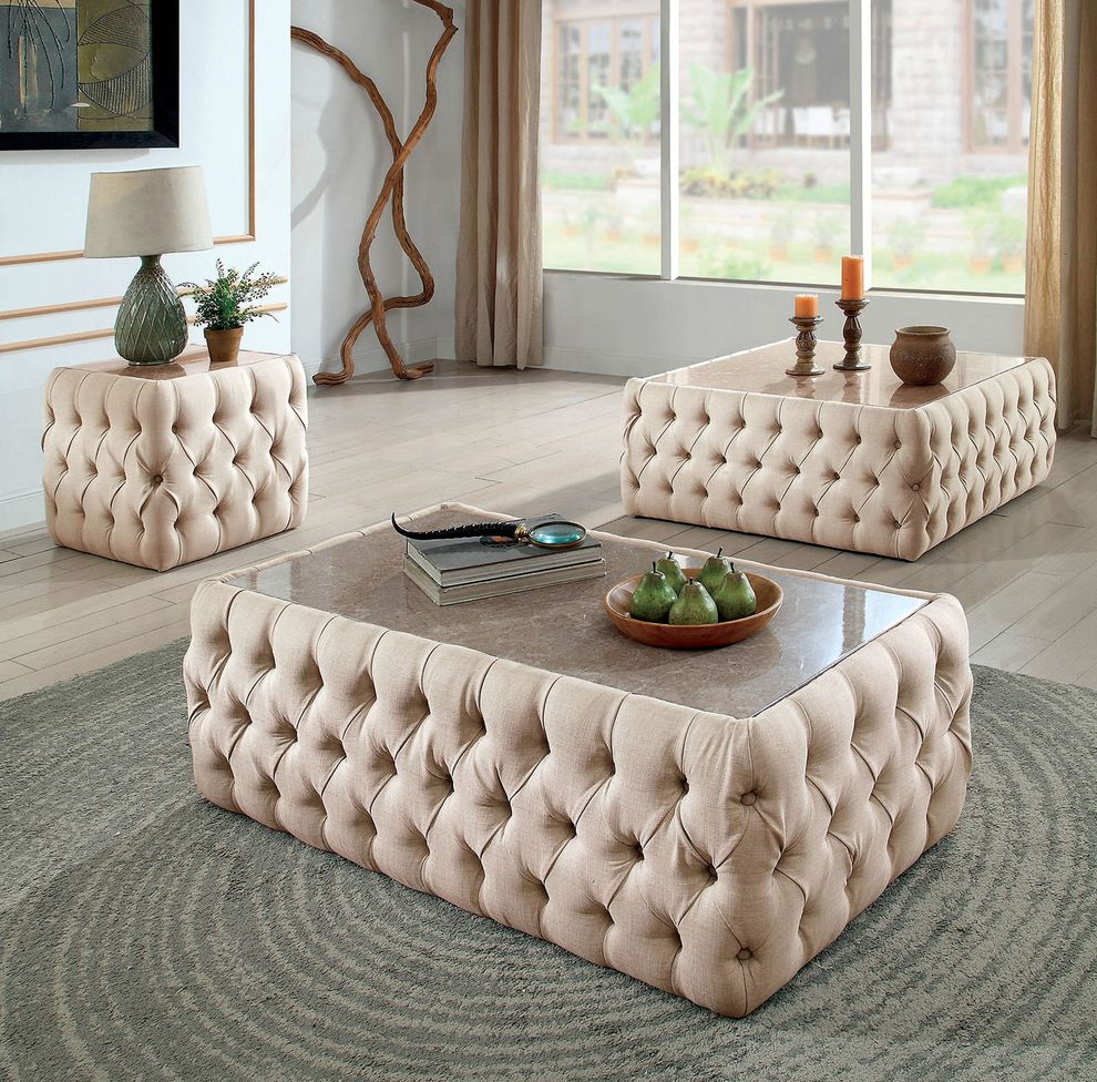 Beige linen fabric tufted style coffee table by Furniture of America