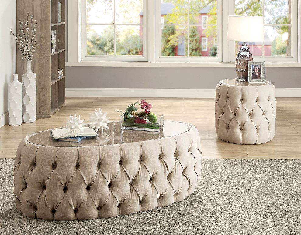 Beige tufted fabric oval coffee table by Furniture of America