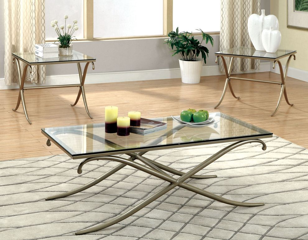 Glass top / curved legs 3pcs coffee table set by Furniture of America