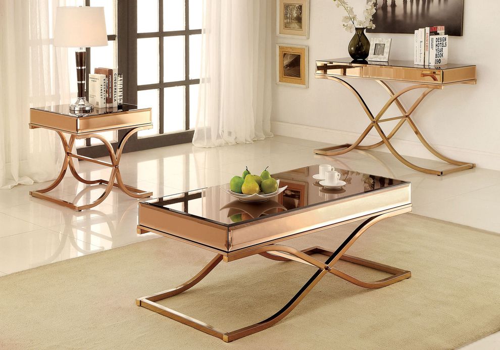 Brass finish mirror top glam style coffee table by Furniture of America