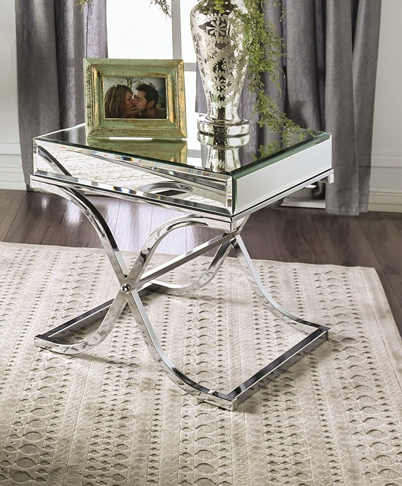 Chrome finish mirror top glam style end table by Furniture of America