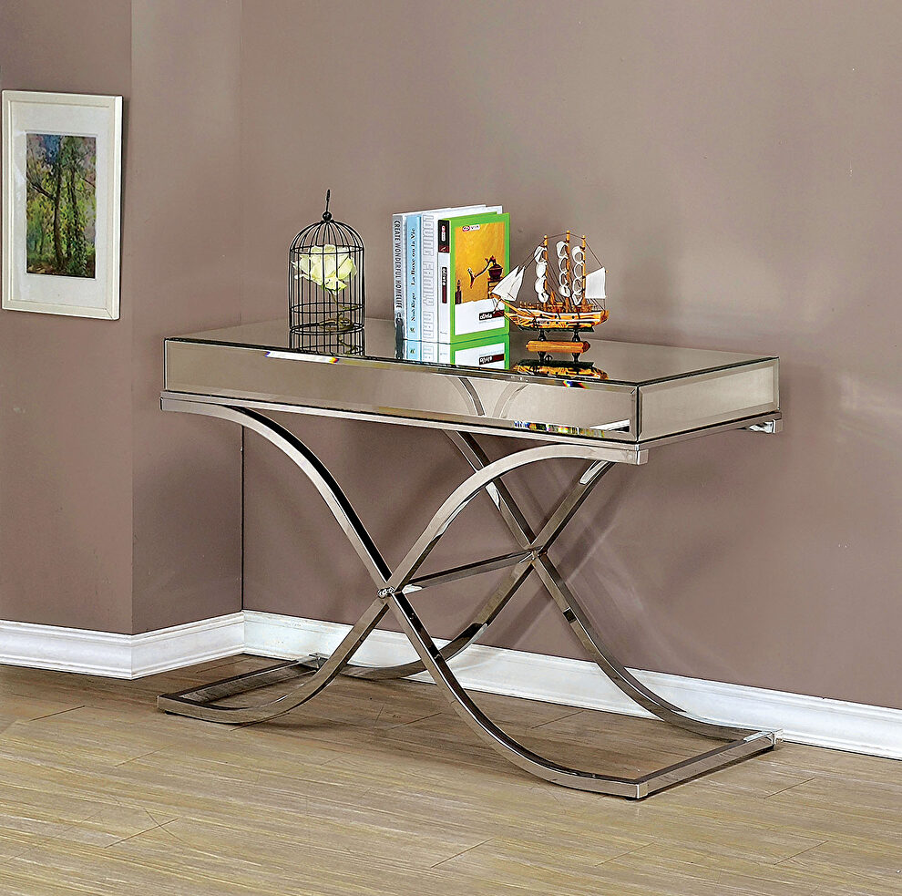 Chrome finish mirror top glam style sofa table by Furniture of America