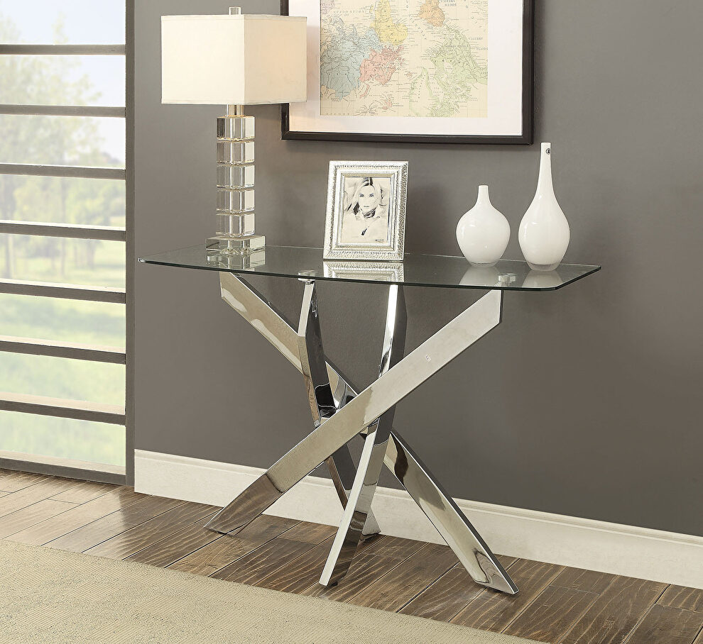 Criss cross sofa table w/ glass top by Furniture of America