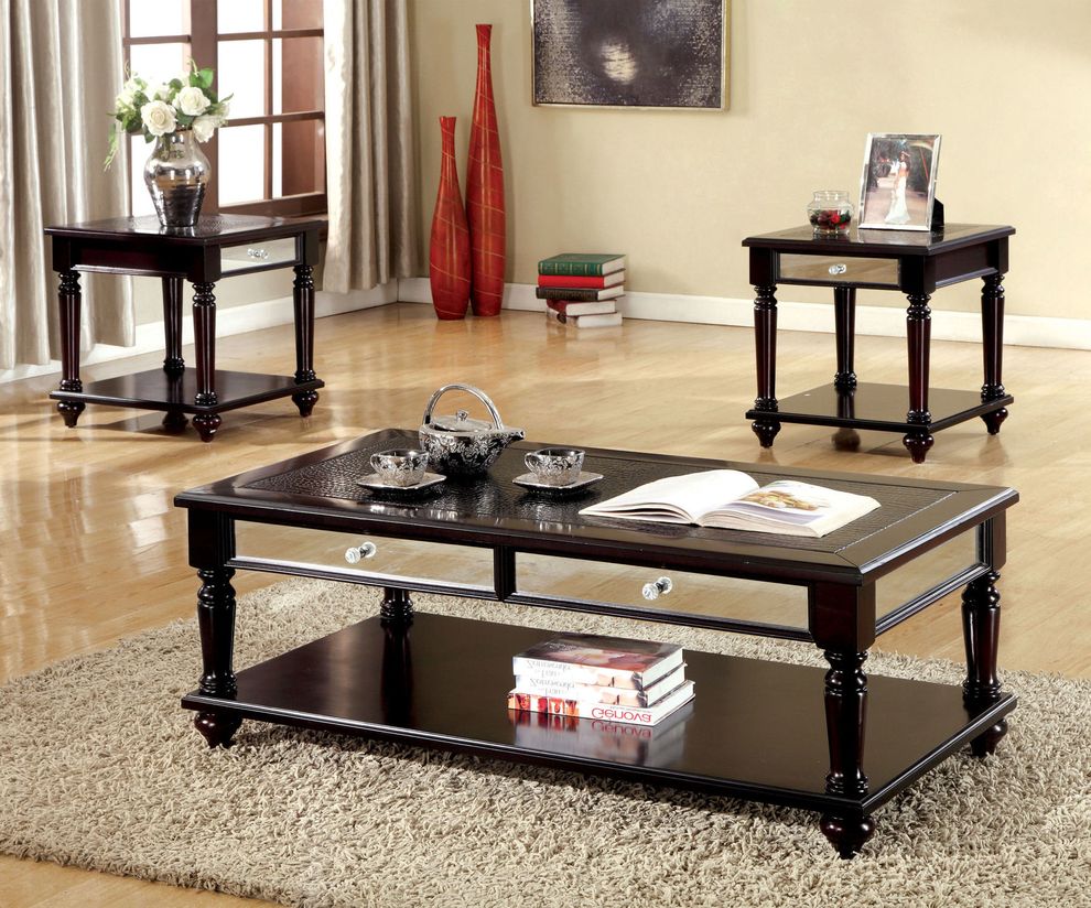 3pcs espresso coffee table set w/ mirrored inserts by Furniture of America