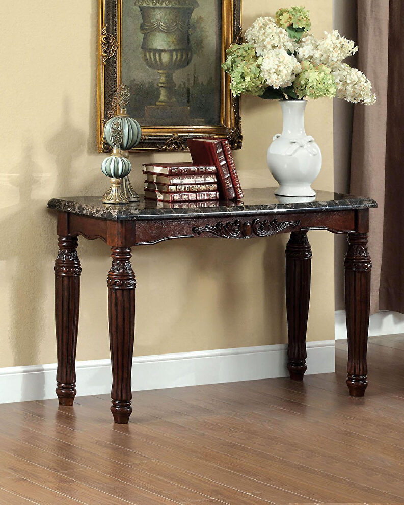 Espresso faux marble top sofa table by Furniture of America