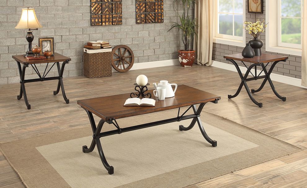 Dark oak / metal legs 3pcs coffee table set by Furniture of America