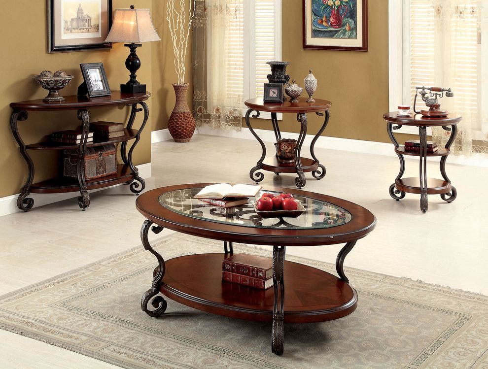 Traditional classic oval coffee table w/ glass insert by Furniture of America