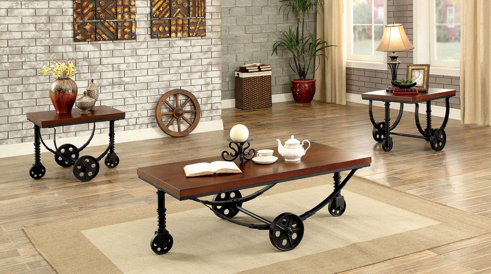 Industrial style coffee table w/ fixed caster wheels by Furniture of America