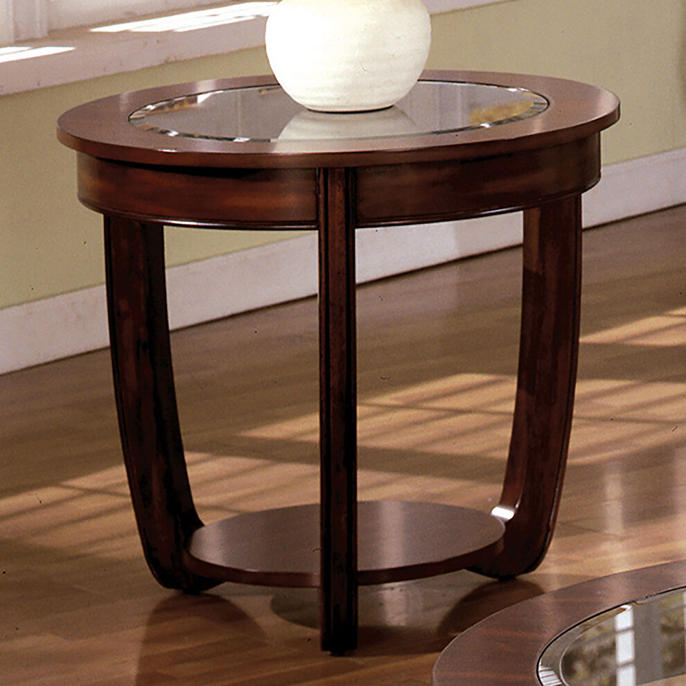 Dark cherry irregular shape end table w/ glass top by Furniture of America