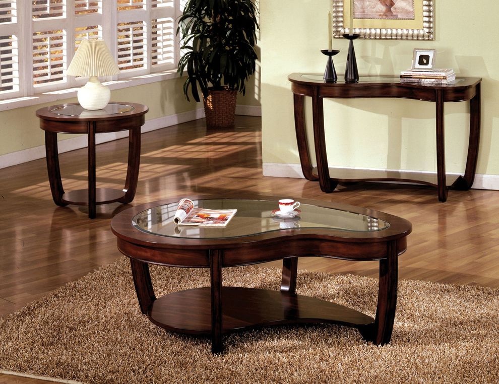Dark cherry irregular shape coffee table w/ glass top by Furniture of America