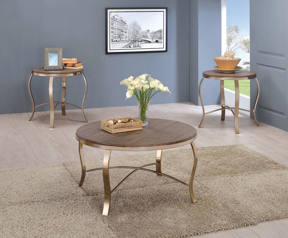 Rustic oak/champagne 3pcs coffee table set by Furniture of America