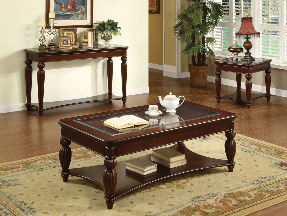 Traditional coffee table with glass-insert top by Furniture of America