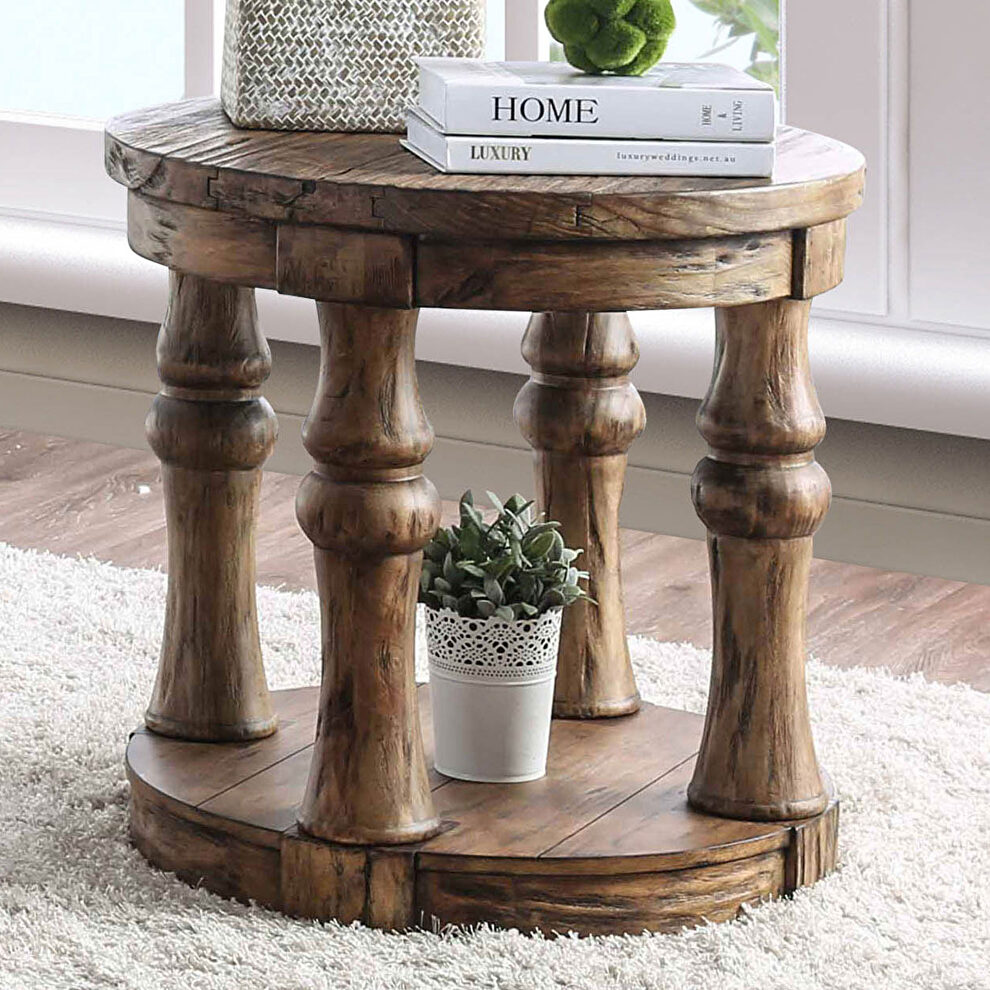 Antique oak solid wood round end table by Furniture of America