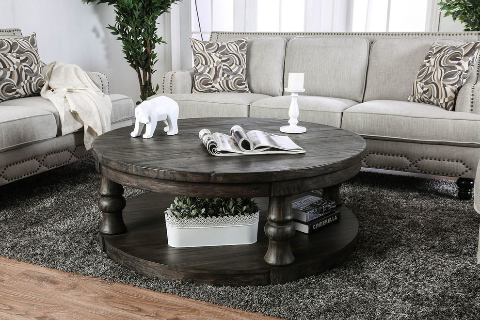 Antique gray solid wood round coffee table by Furniture of America