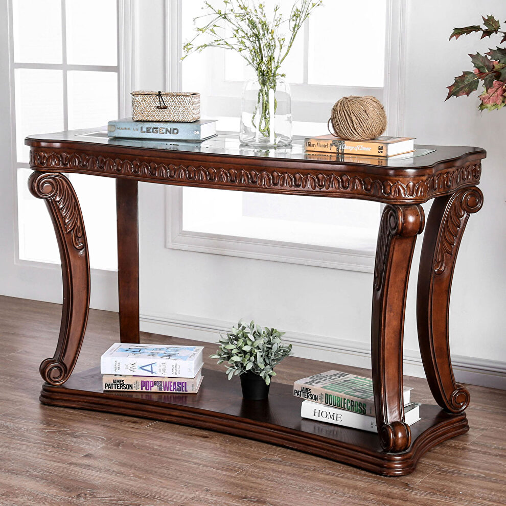 Dark cherry wood traditional sofa table w/ glass by Furniture of America