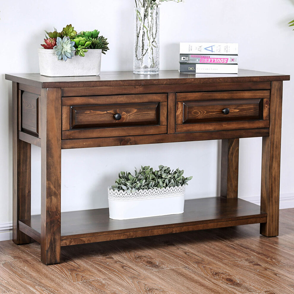 Walnut carved wood sofa table w/ drawers by Furniture of America