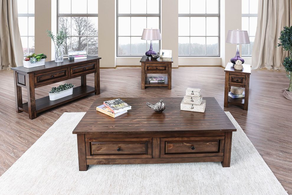 Walnut carved wood coffee table w/ drawers by Furniture of America