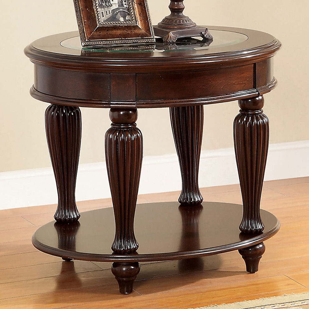 Dark cherry rich end table w/ glass inlays by Furniture of America