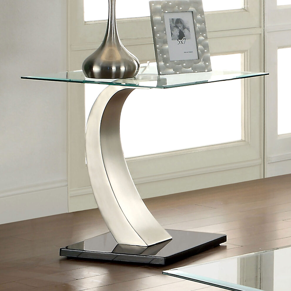 Glass top modern end table with steel legs by Furniture of America