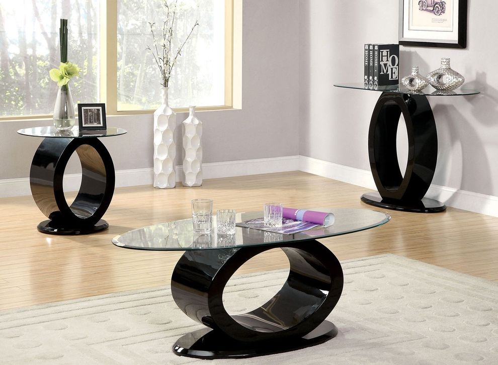 Oval high gloss base / glass top modern coffee table by Furniture of America