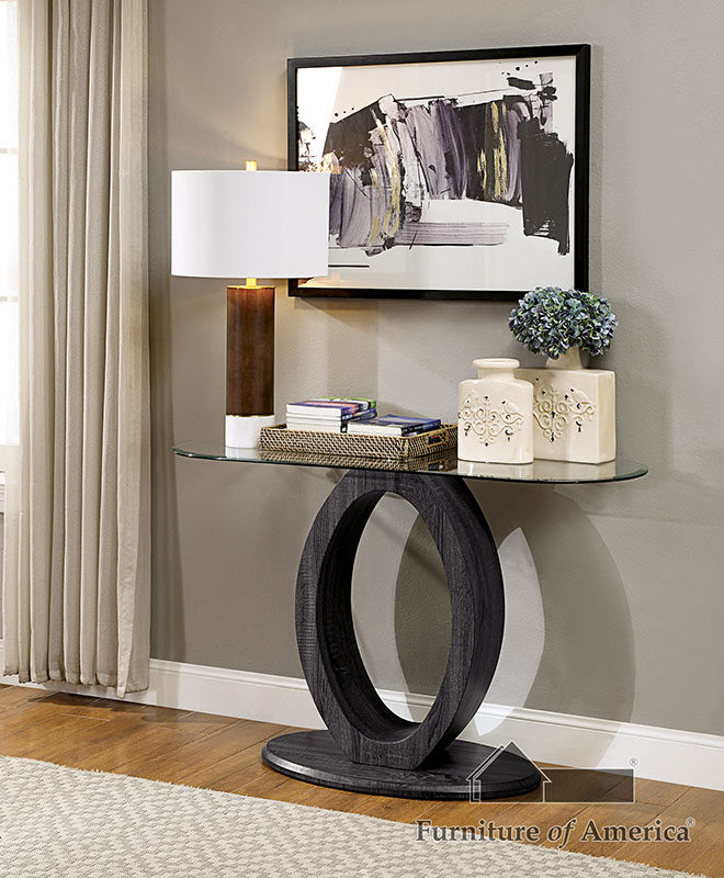 Oval high gloss base / glass top modern sofa table by Furniture of America