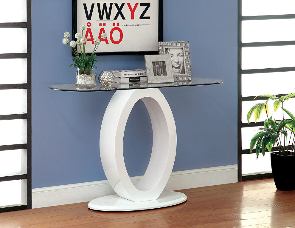 Oval high gloss base / glass top modern sofa table by Furniture of America