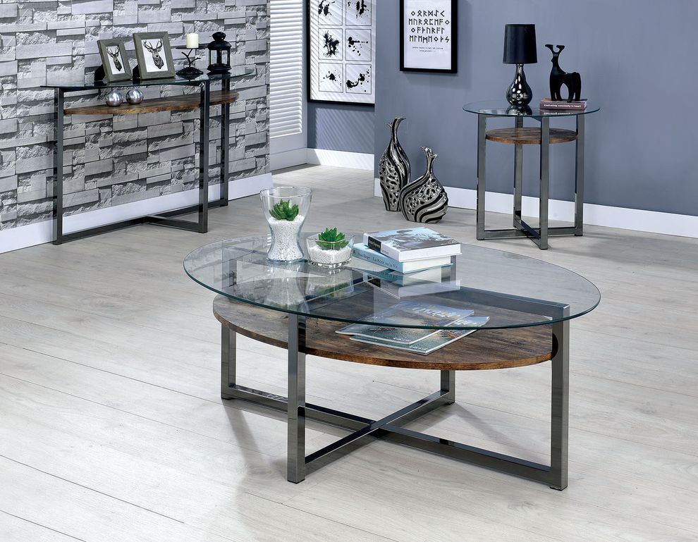 Oval glass top / metal base coffee table by Furniture of America
