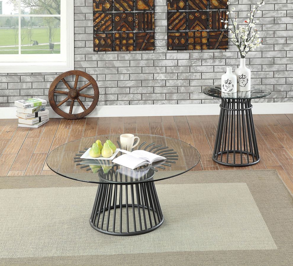 Industrial style round glass top coffee table by Furniture of America