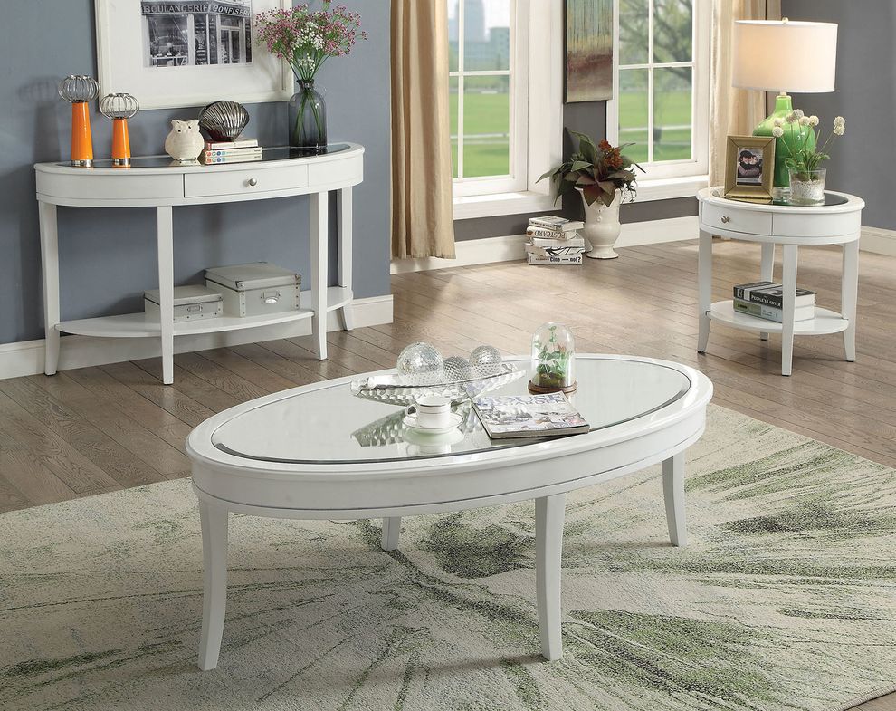 White oval mirror top coffee table by Furniture of America