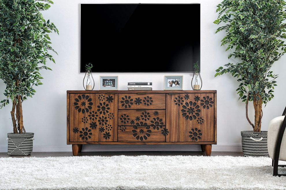 Floral pattern solid natural wood TV Stand by Furniture of America