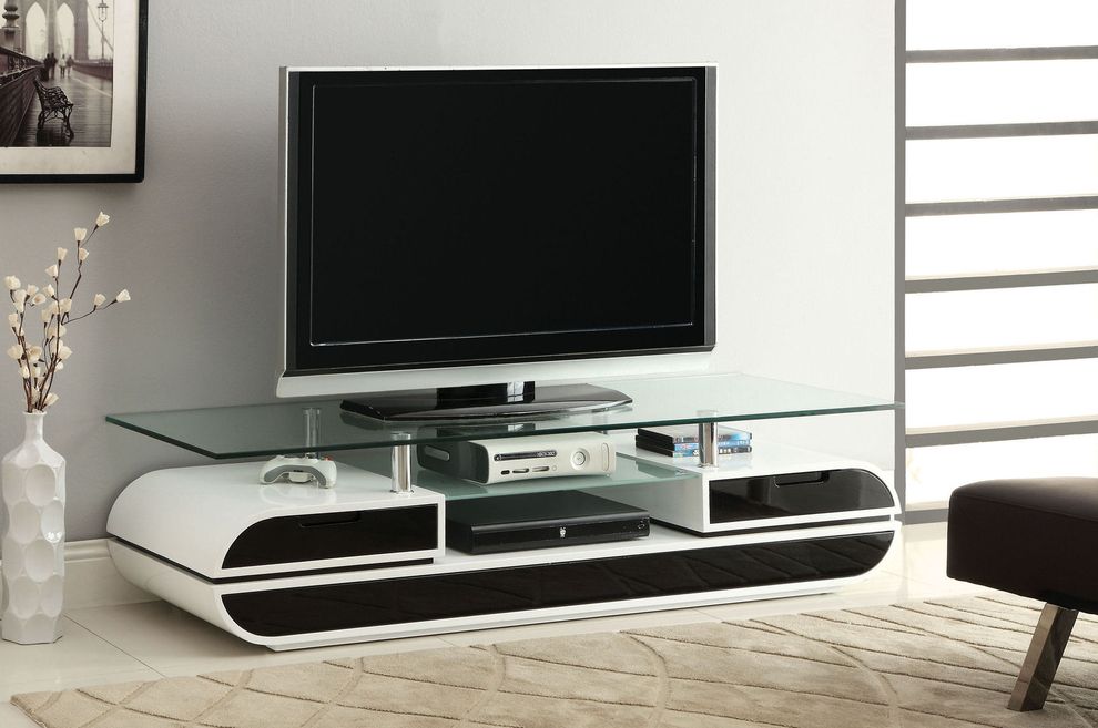 Curvy white lacquered base / glass top TV Stand by Furniture of America