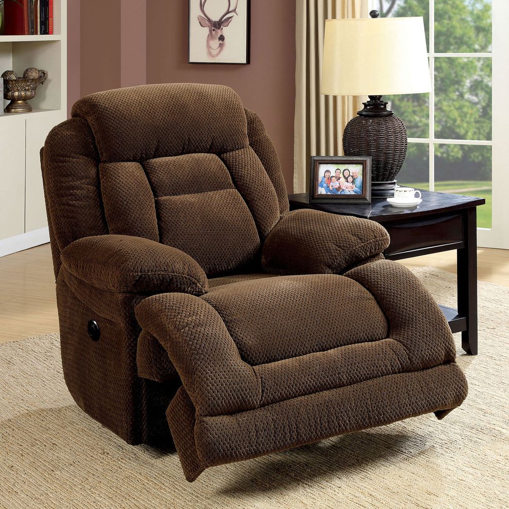 Power-assist brown fabric recliner chair by Furniture of America