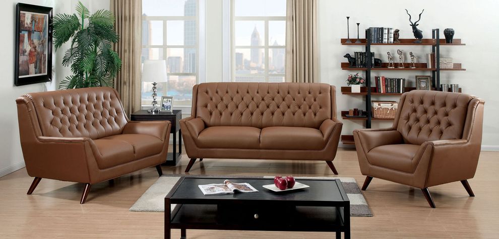 Camel brown leather match tufted back sofa by Furniture of America