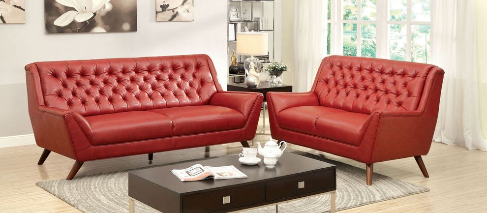 Red leather match tufted back sofa by Furniture of America
