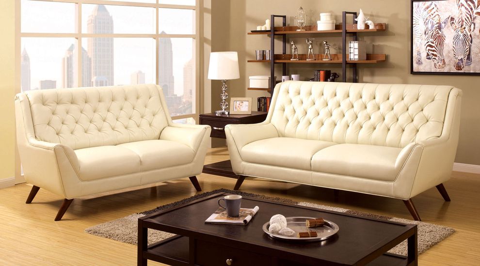 White leather match tufted back sofa by Furniture of America